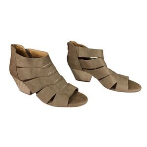 Natural Soul Peep Toe Bootie sz 9M Women Beige Faux Leather Strappy Cone Heel 2"